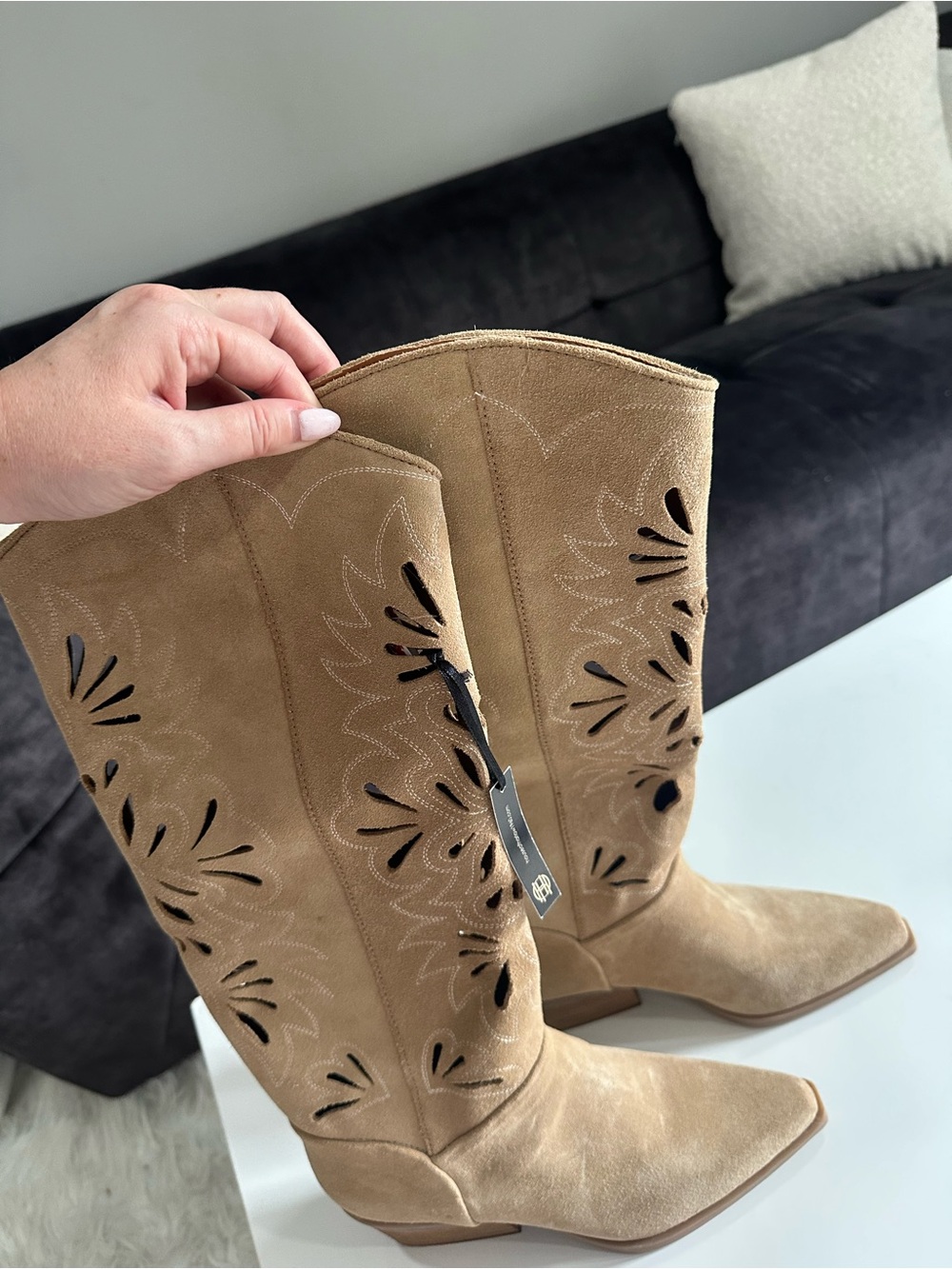 House of Harlow 1960 Tan Suede Cutout Knee Boots